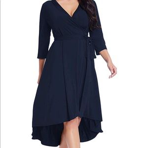 Navy 3/4 sleeve high low hem wrap dress